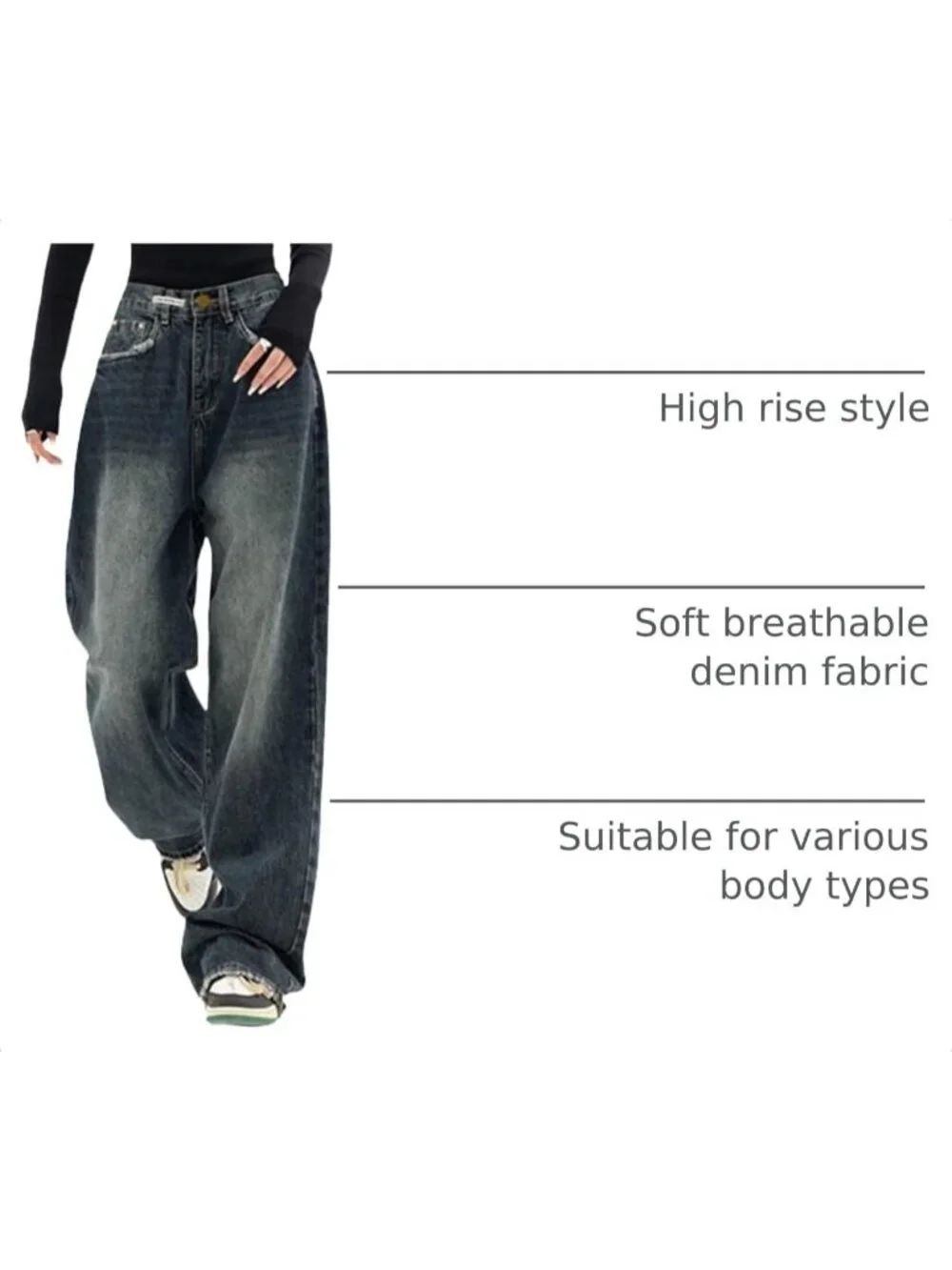 Women's Blue Denim Y2k Straight Leg Button Zipper High Waisted Baggy Jeans